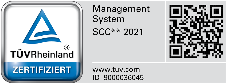 TÜV Rheinland zertifiziert, Management System SCC** 2021, ID 9000036045